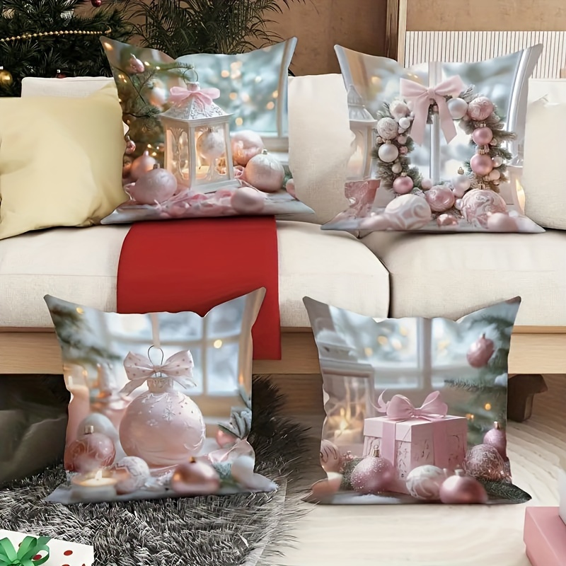 

4pcs, Contemporary Christmas Throw Pillow Cover, Silvery Pink Garland Gift Box Decorative Ball Decoration Cushion Cover, Zipper, Woven Polyester, Home Sofa Decoration, Pillow Insert Not Included