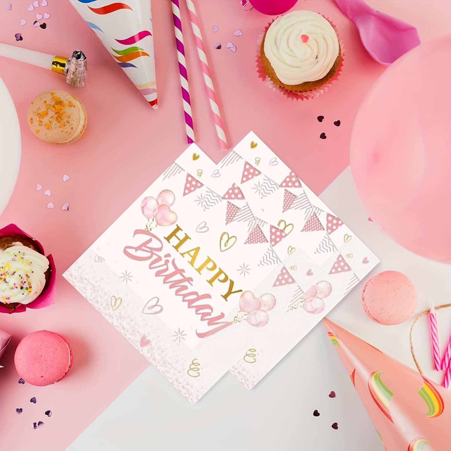 Image of 24 Pink Birthday Napkins, Happy Birthday Napkin Paper, Birthday Party Decorative Napkins, Table Decoration Birthday Gathering Napkins, Ladies' Pink Birthday Napkins
