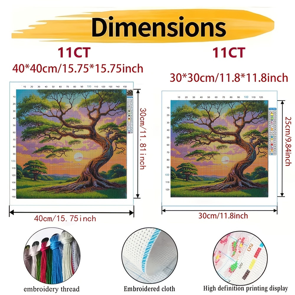 DIY Cross-stitch Printed Kit, Unframed Whimsical Big Tree at Sunset Design