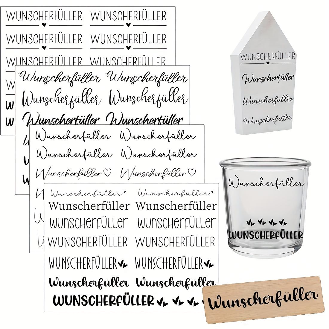 Image of 4 Sheets Of German "wish " Themed Transparent Transfer Paper, Suitable For Diy Furniture, Glass, And Wooden Crafts For Roller Skating And Cycling