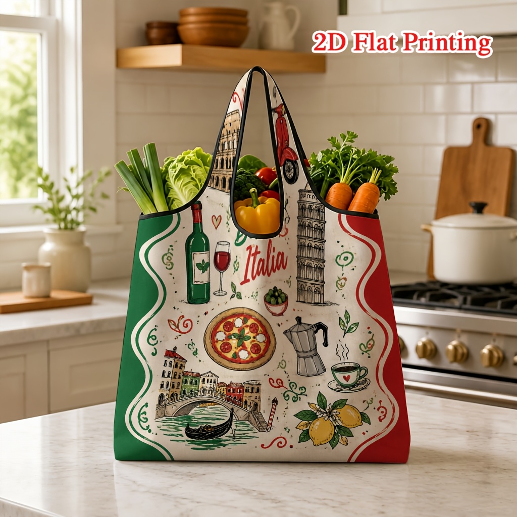 TEMU 1pc Italian-style Pattern 2d Printed Shopping Bag, Large Portable Tote Bag, Suitable For Grocery Shopping And Travel, Machine Washable With