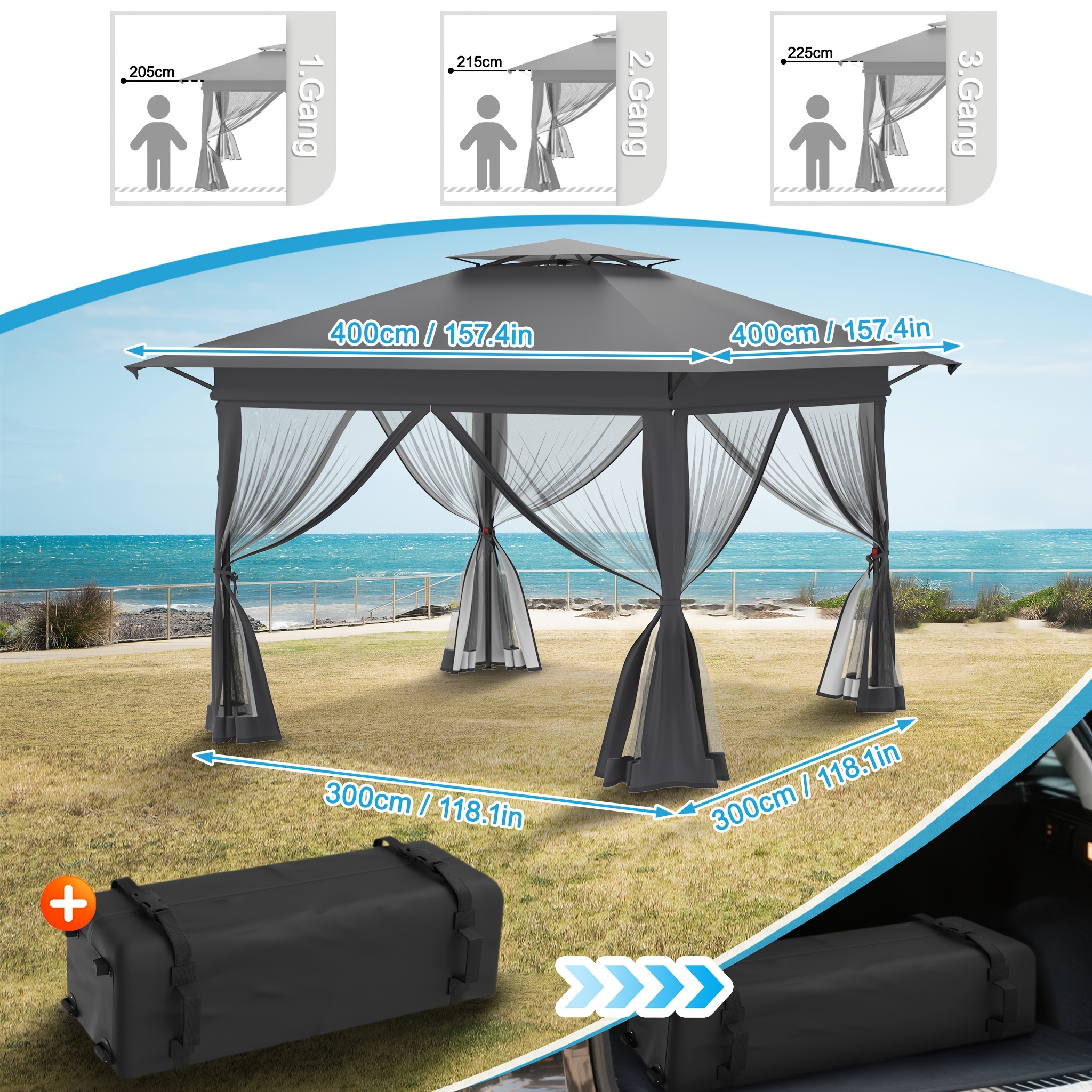 E-shop 4X4M Gartenzelt, mit 4 Moskitonetz-Seitenteilen, Party-Pavillon Pop-Up, Doppelschicht-Schutz, für Stände (/Khaki/Weiß)
