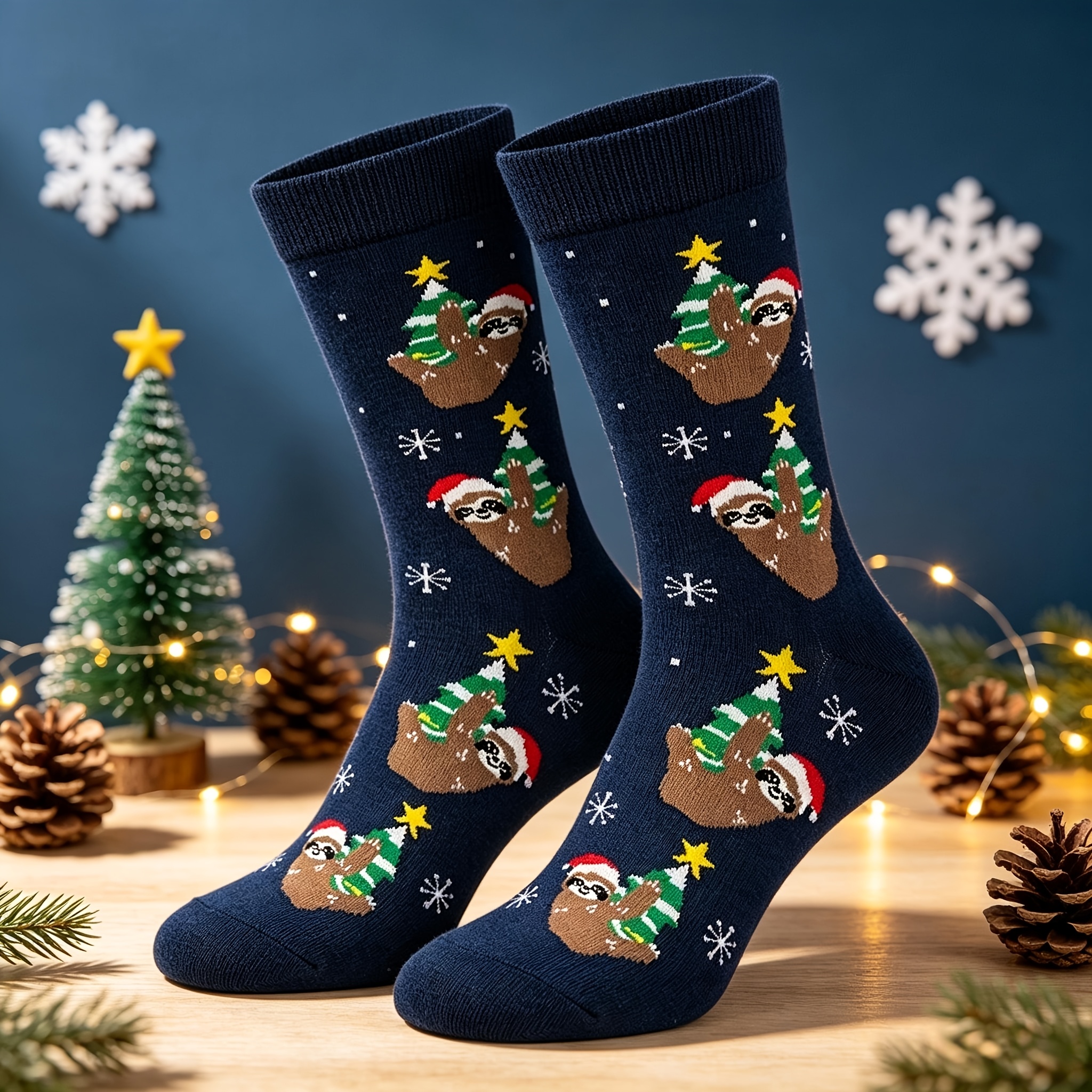TEMU 1 Pair Men's Navy Christmas Sloth Mid-calf Socks, Cartoon Pattern Of Holding Christmas Trees, Stretchy And Comfortable For Autumn And Winter,