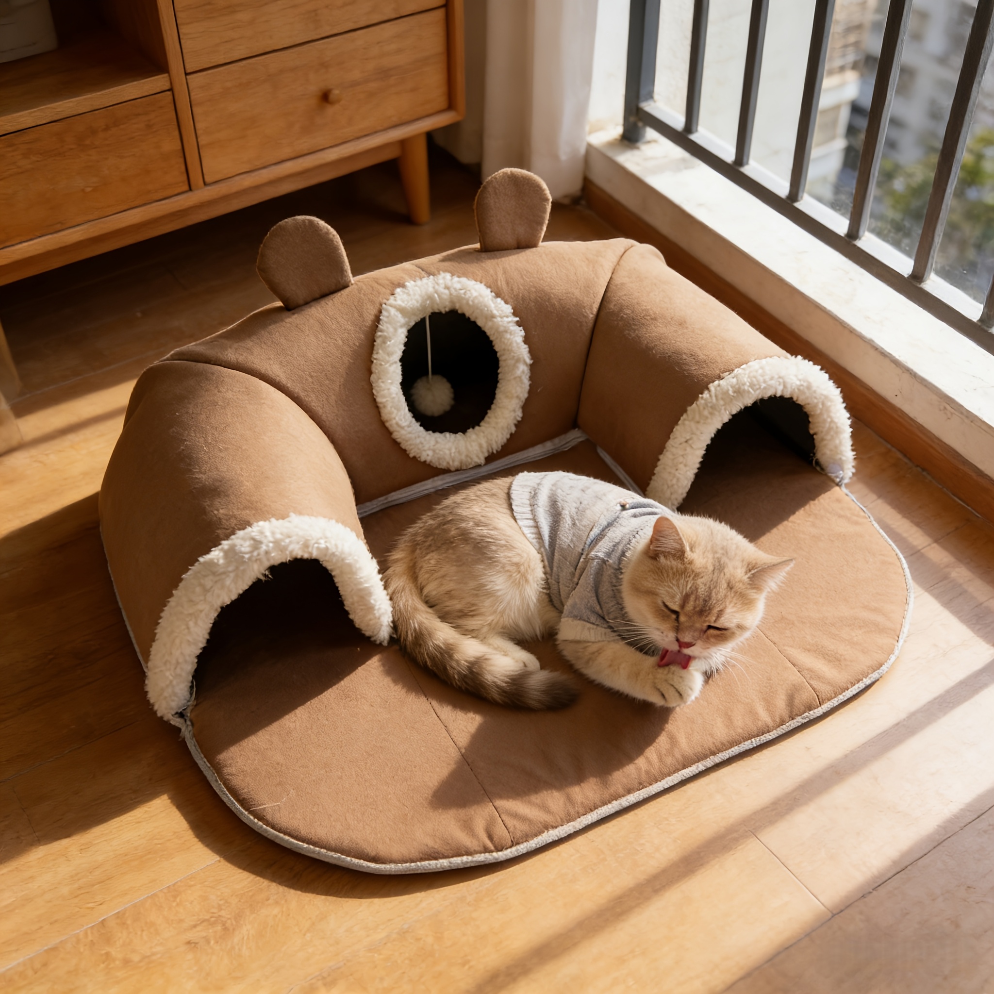 Cute Bear-Shaped Cat Bed Tunnel, Detachable & Washable