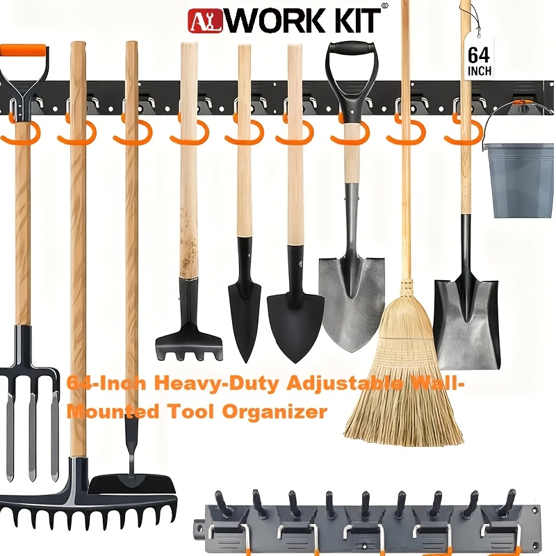 64 Inch Adjustable Storage System, Wall Mount Tool Organizer, Hangers For Mop And Broom Holder Shovel, Rake, Broom Etc