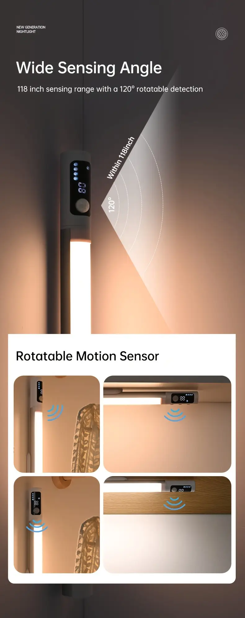 1pc modern motion sensor led light rechargeable under cabinet light with battery level display wireless magnetic freestanding wall mount for kitchen bedroom office plastic shade metal usb cable included 1200mah lithium battery infrared sensor function details 4