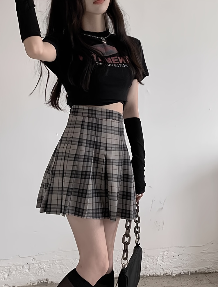 Women'S High-Waisted Tartan Pleated Skirt, Casual A-Line Polyester Mini  Skirt Spring/Summer Fashion, 100% Polyester, 99g/m² Woven Fabric