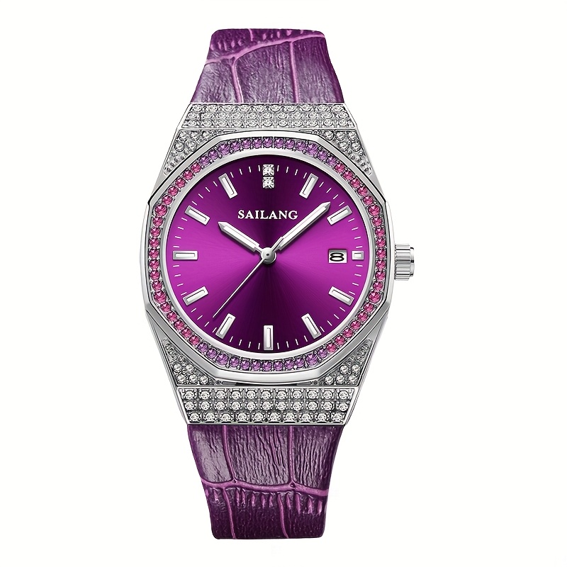 Elegant Women's Quartz Watch With Bezel & Date Display, Purple Strap, Round Alloy Case, Accessory For Casual Wear