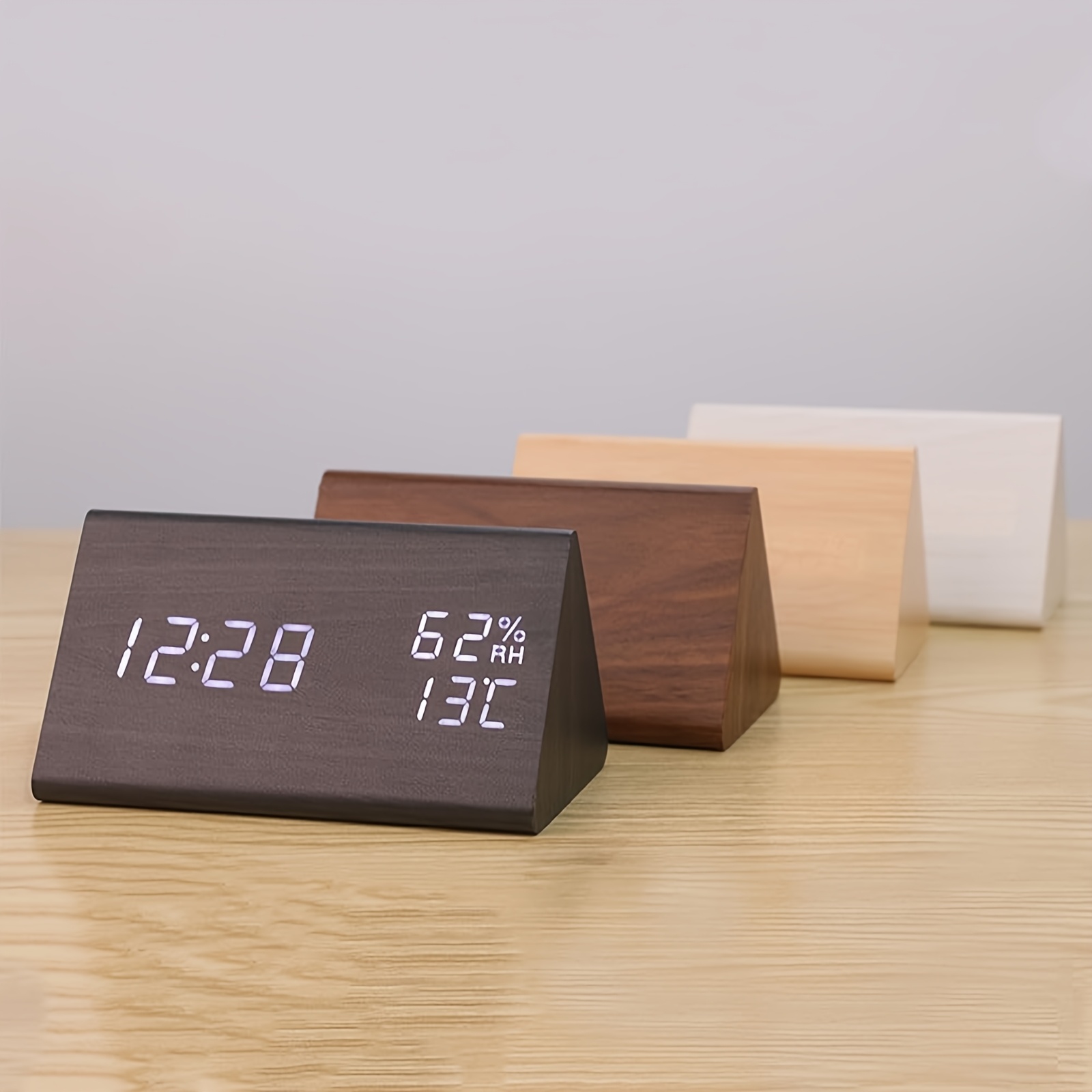 1pc wood grain triangular alarm clock led bedside clock with temperature and humidity display adjustable brightness 3 groups of alarms fashionable triangular clock with automatic   function suitable for bedroom study office