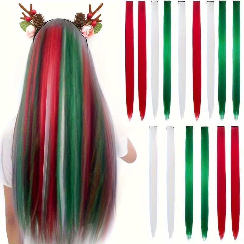 

15-pack Christmas Hair Extensions, 22-inch Synthetic Wigs, Straight & Curly, Festive Party Hair Pieces, Multi-, Women's Hair Accessories