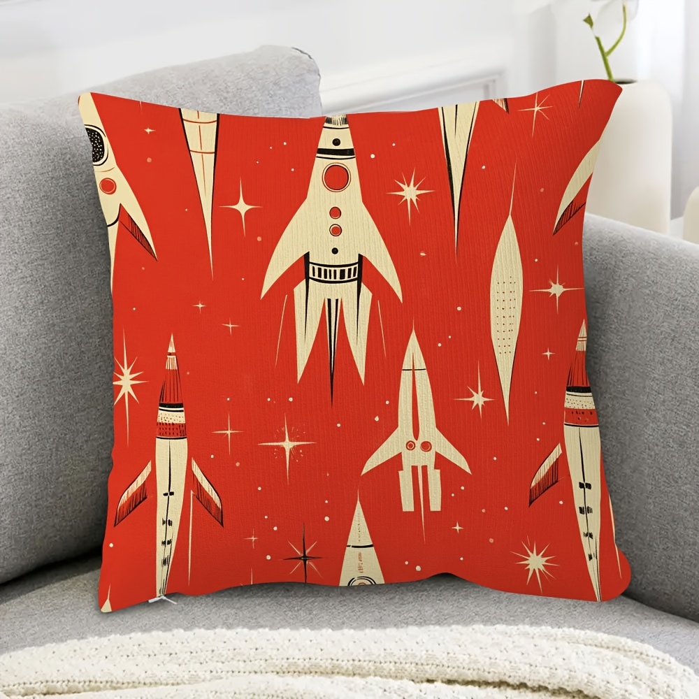 TEMU 1pc Mid Century Modern Rocket Ships Pillow Cover, 18x18inch, Hand Wash, Zipper Closure, Woven Polyester, Contemporary Aerospace Pattern,