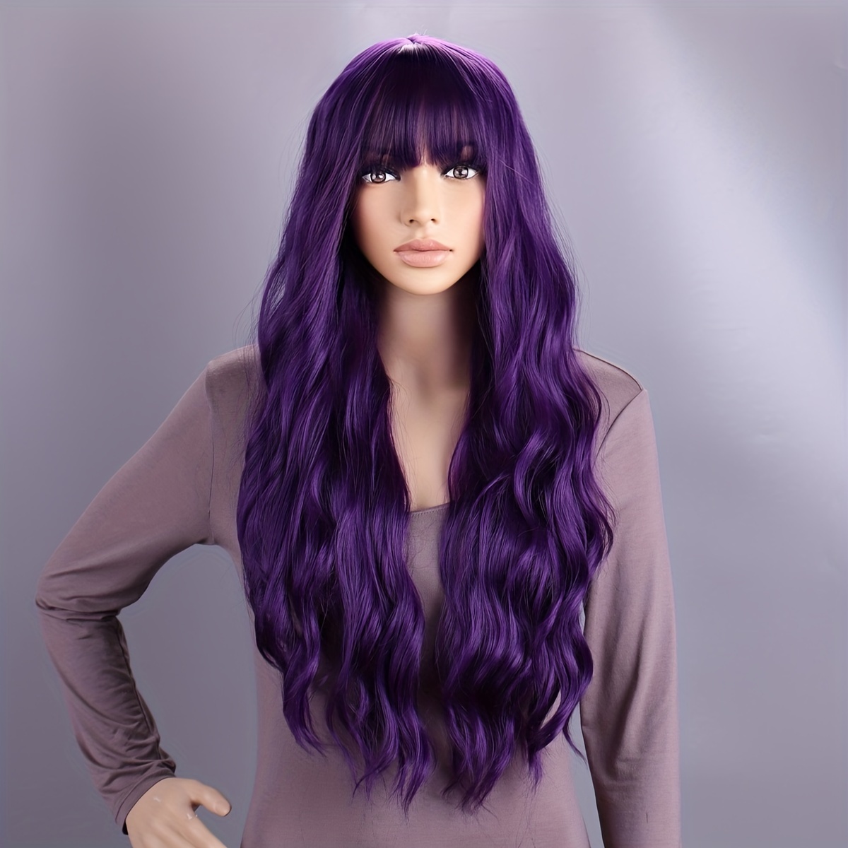 

26inch 100% High Temperature Fiber Purple Long Curly Hair Wig, Artificial Wig With Bangs Multi-color Long Fluffy Thick Natural Fashion Wig, Hair Wig Cosplay Party Dress Wig For Daily Use Wig