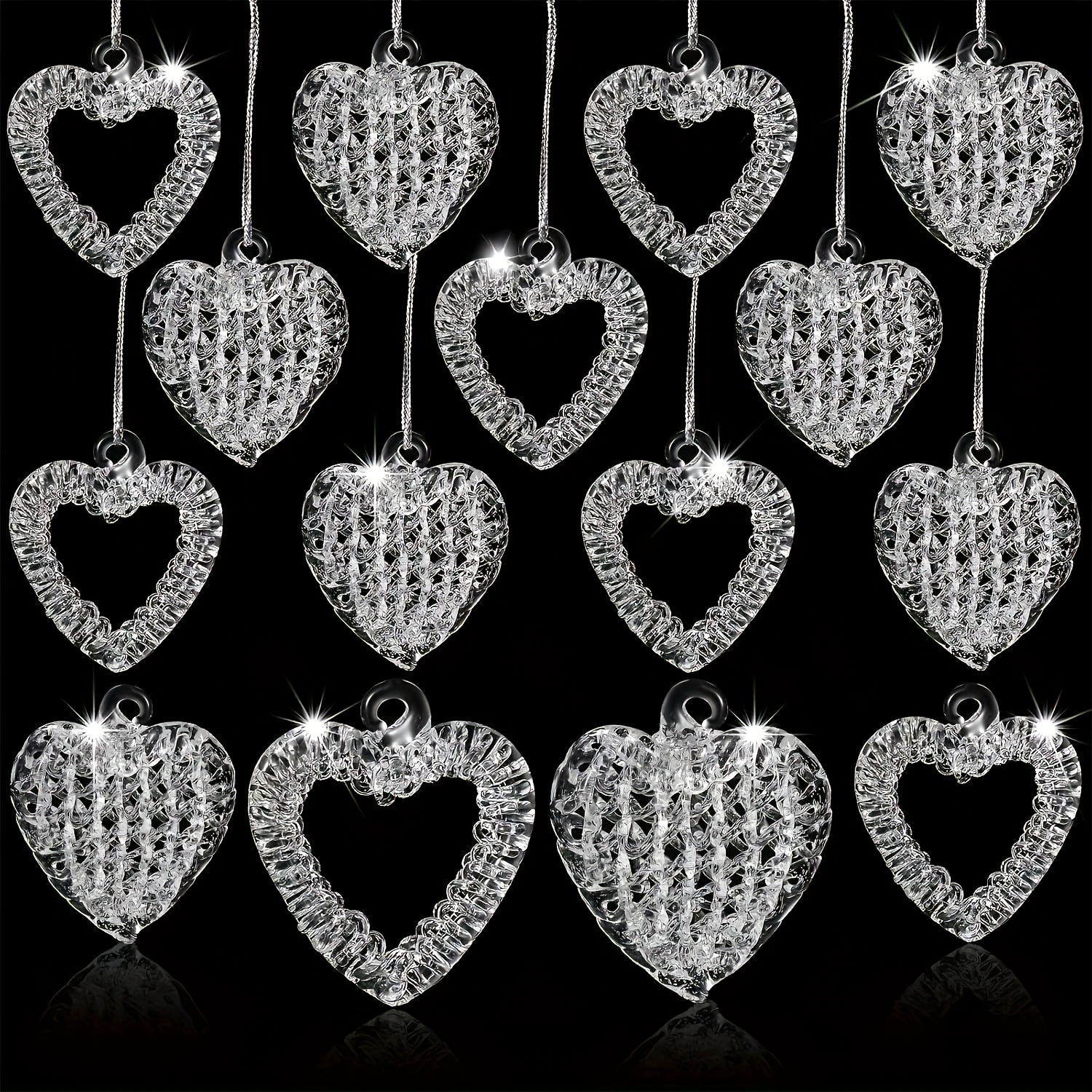 Image of 12pcs Set, Transparent Glass Heart-shaped Christmas Ornaments, Heart Decorations For Christmas Tree, Valentine's Day Anniversary Wedding Decor
