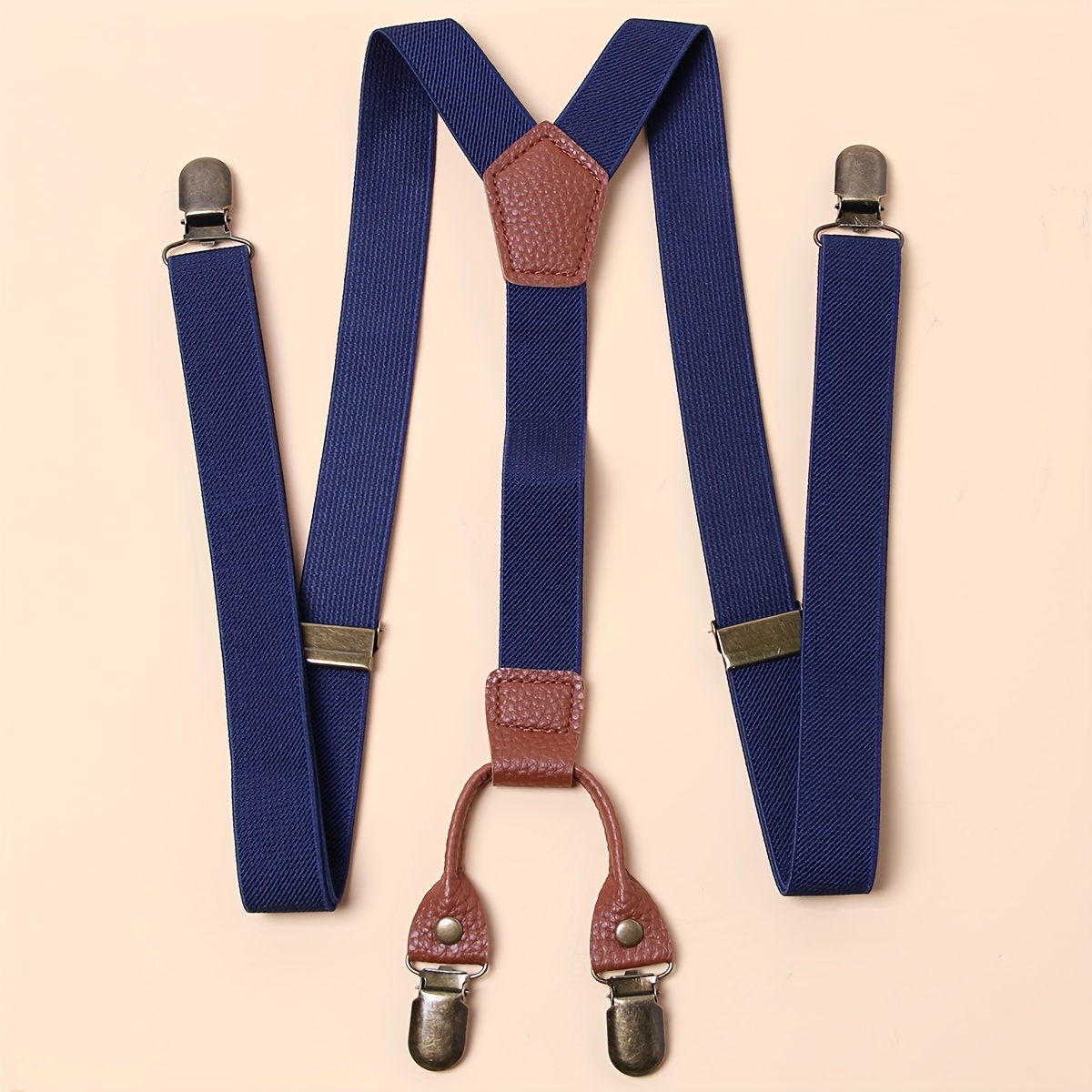 TEMU Vintage Style Men's Suspenders - Elastane Material With Rivet Details, Strappy Back Design, Woven With Medium Stretch, Adjustable Length - Classic Solid Color Y-back Suspender With 4 Bronze Clips