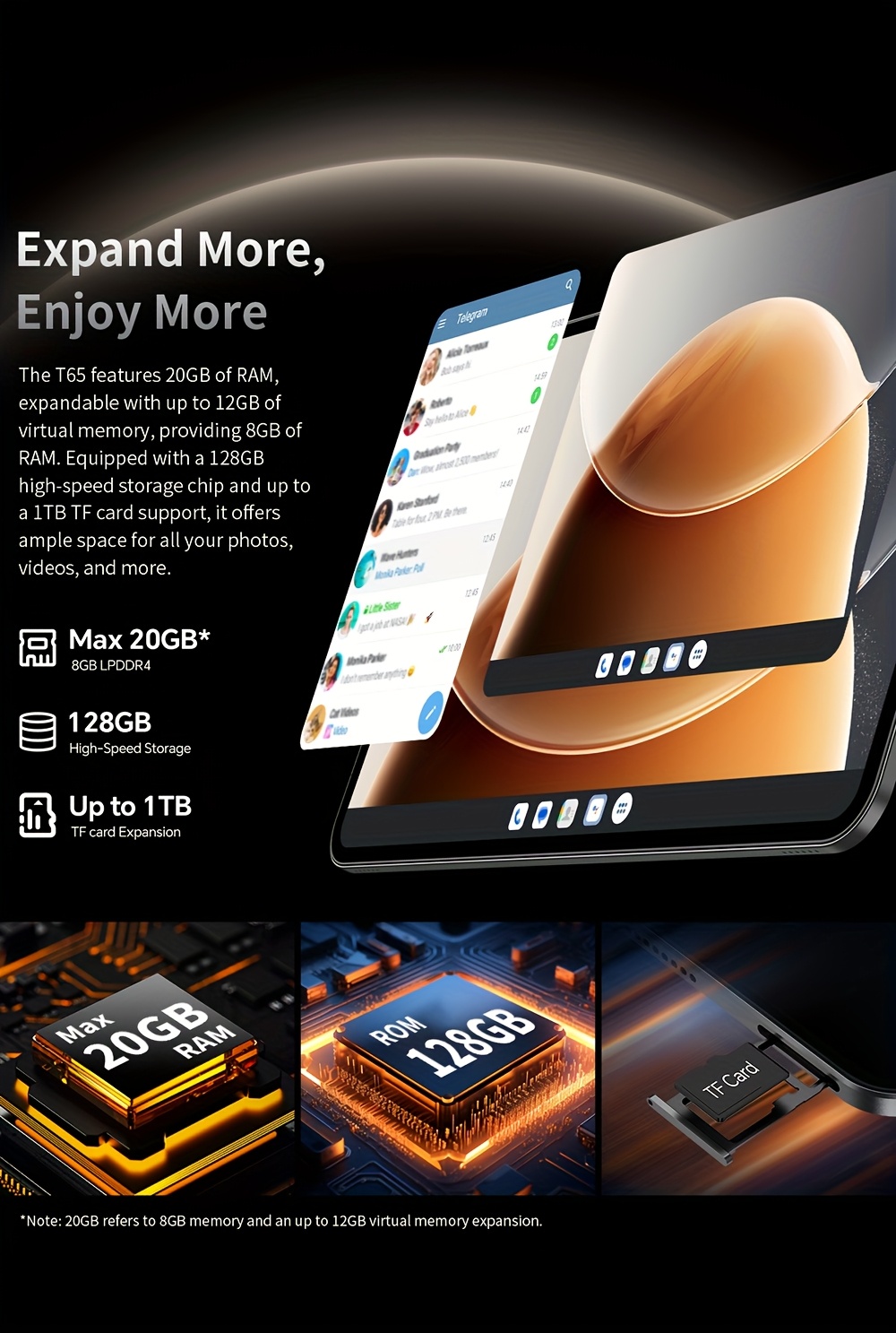 TECLAST T65 Tablet 13.4'' Inch, Top Gaming 120Hz Tablet Unisoc T7280 Octa-Core 2.2Ghz CPU, Android 16 Max 20GB(8+12) RAM 128GB ROM Opslag Ondersteuning 4TB TF Kaart Uitbreiding, TDDI FHD 1920×1200 Groot Display Pad, Dual SIM 4G LTE + 5G WIFI, Tablet, Pad