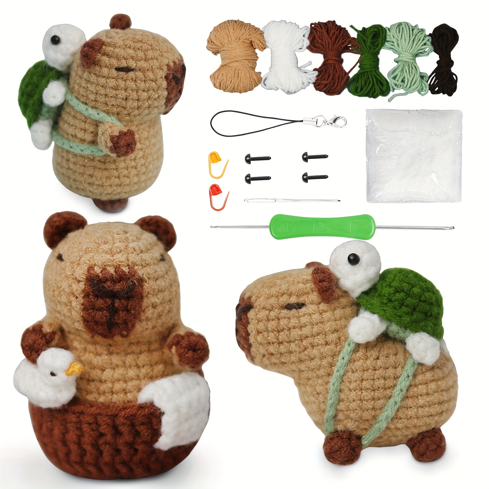 Kit Crochet Débutant Capybara – Ensemble Complet Laine + Crochet + Rembourrage – Jouet Tricoté Capybara Avec Orange Sur La Tête – Plusieurs Styles