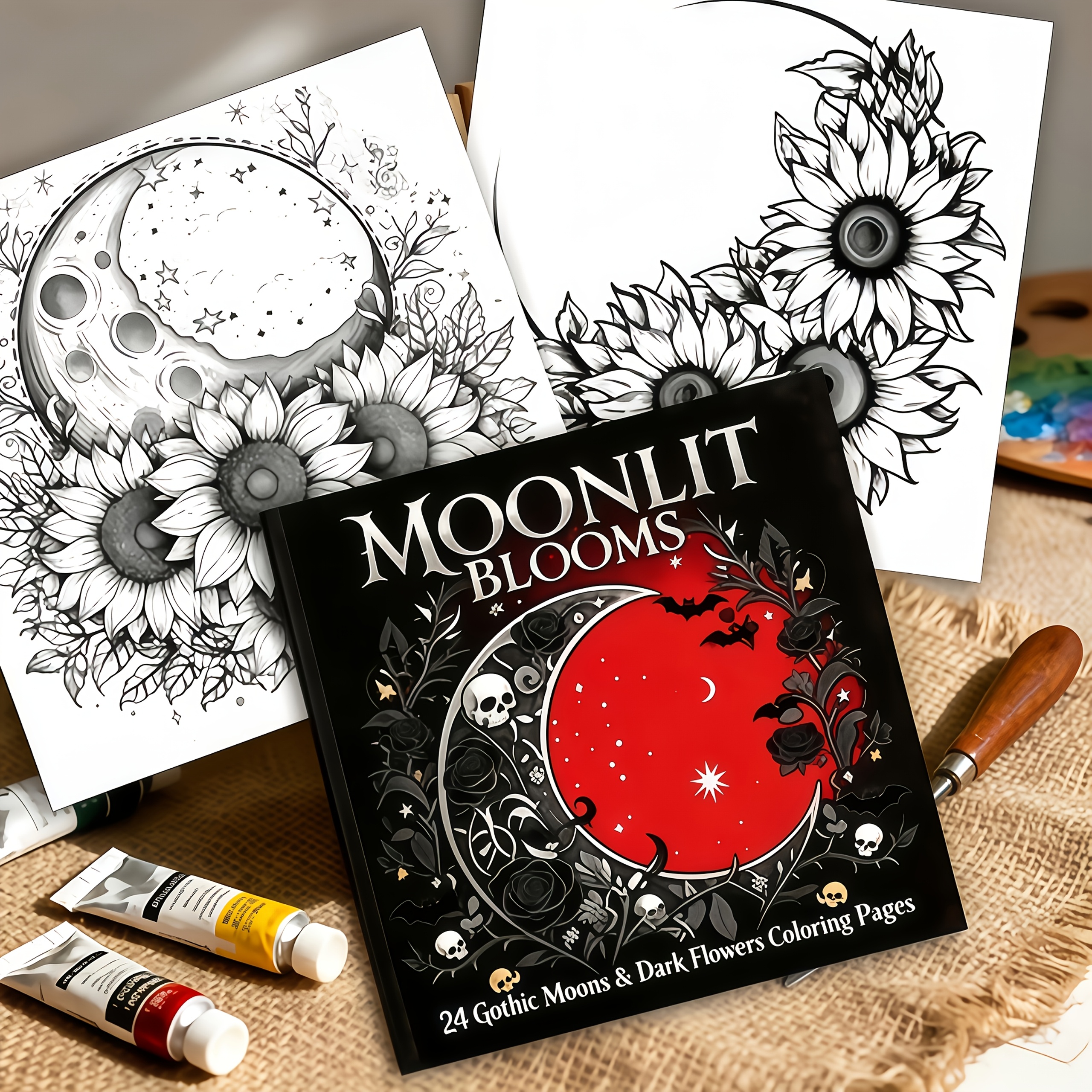 TEMU 1 Book 20x20 Thickened Paper Gothic Moon & Dark Floral Coloring Book Suitable For Adults &, New Upgraded Edition With 24 Pages - Relax Gift For