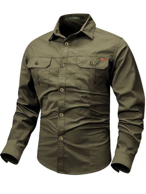 item picture mens military green long sleeve button up collar pocket shirt solid color retro style elastic casual camping shirt