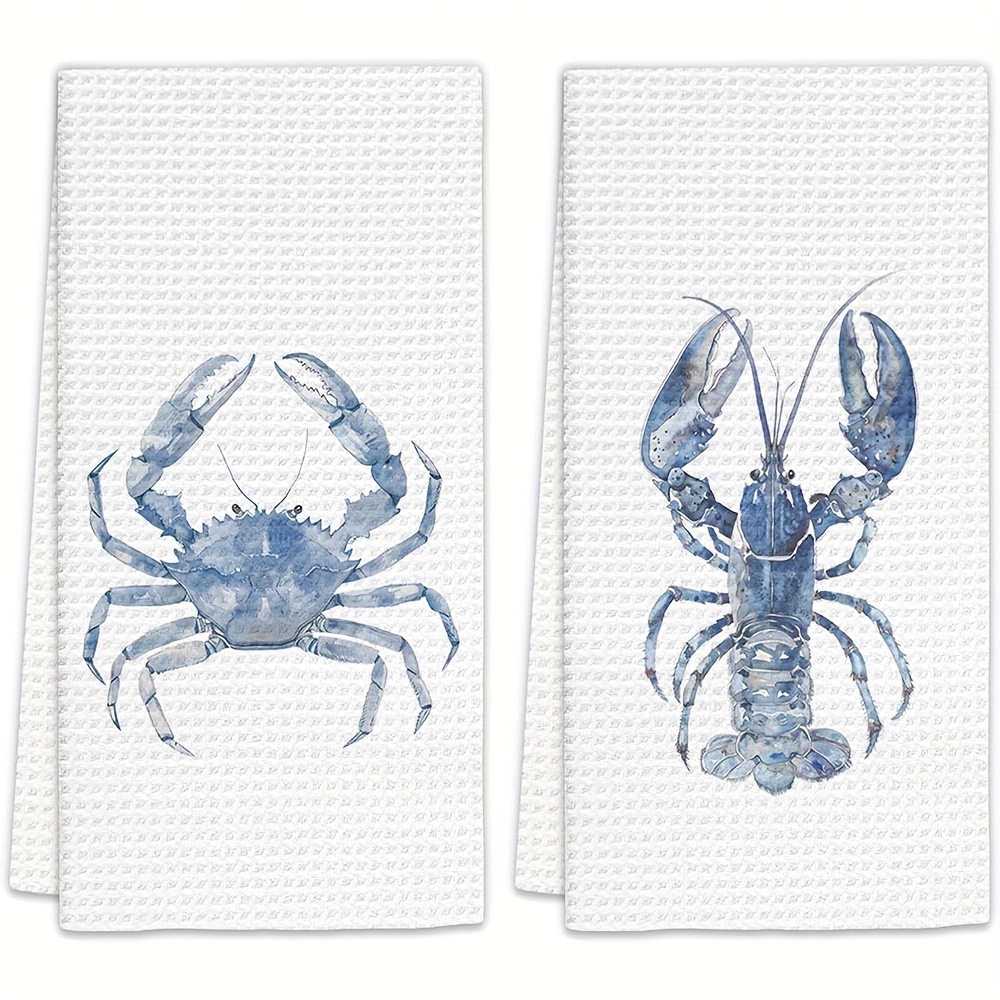 TEMU Set Of 2 Blue Shrimp And Crab Print Hand Towels, And Lobster Kitchen Towels, Crawfish Dish Towels, Decorative Hand Towels, Suitable For Bathroom, Crab And Lobster Bathroom Decor