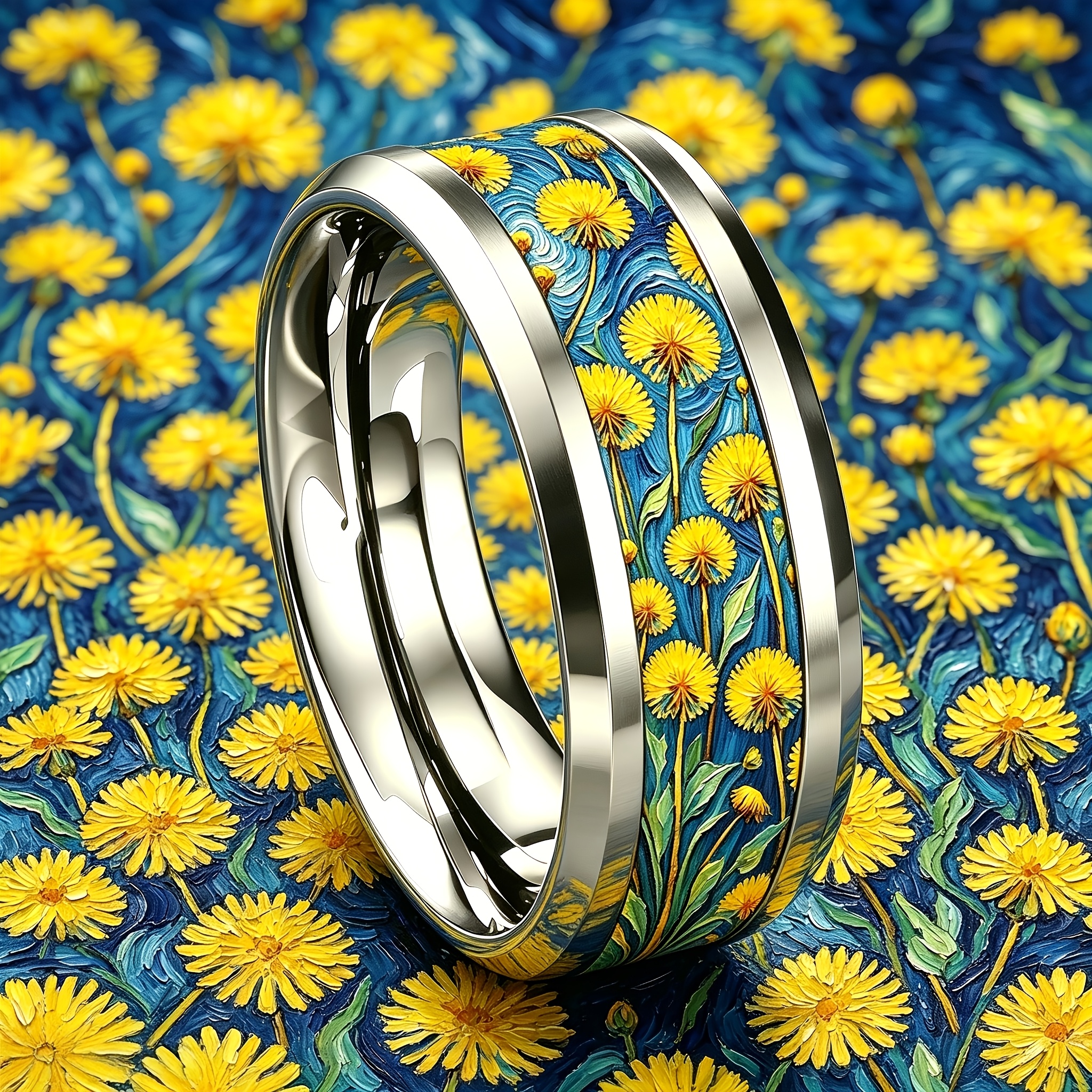 Van Gogh Style Starry Night Dandelion Stainless Steel Ring