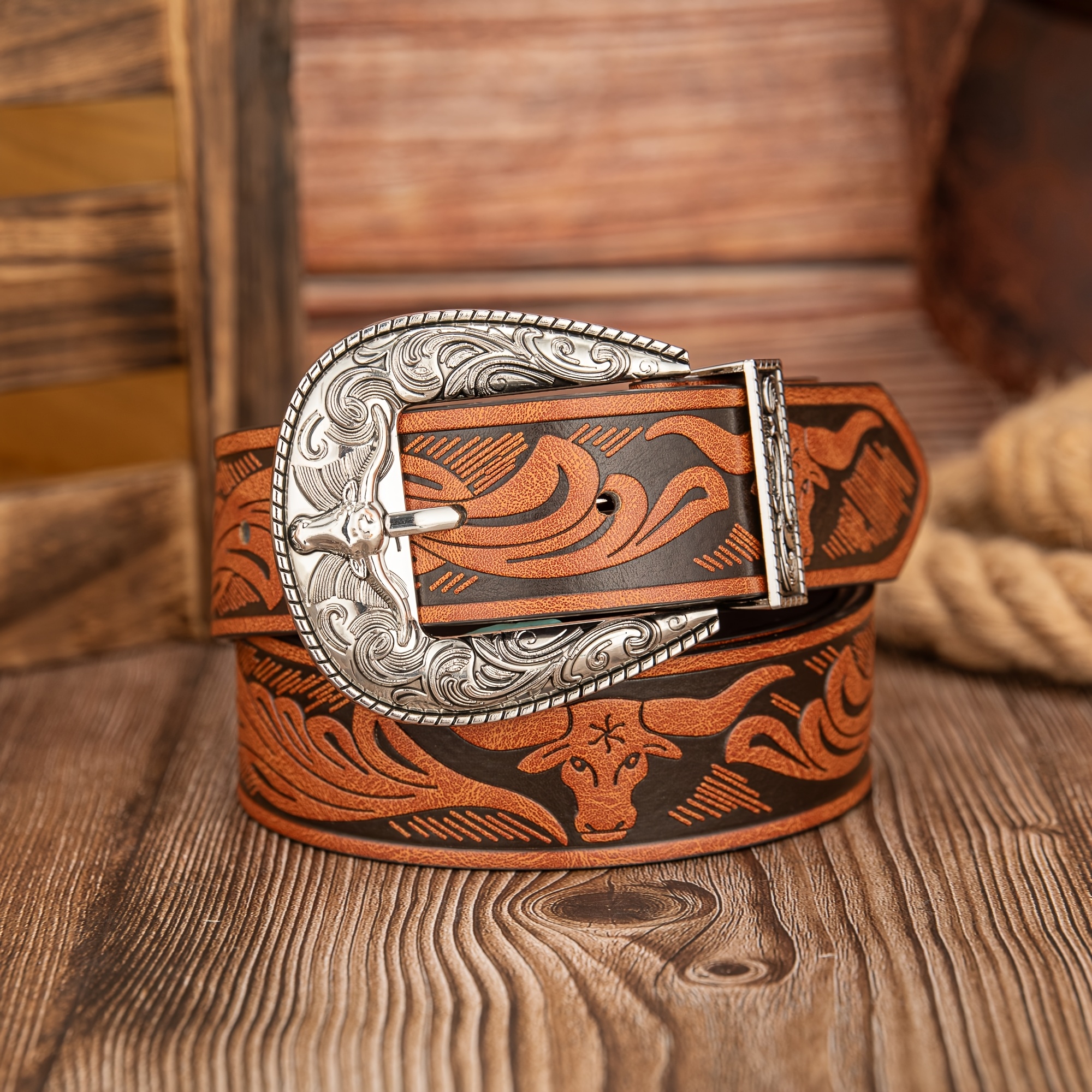 Silvery Cowhead Pattern Button Buckle Retro Casual PU Leather Belt
