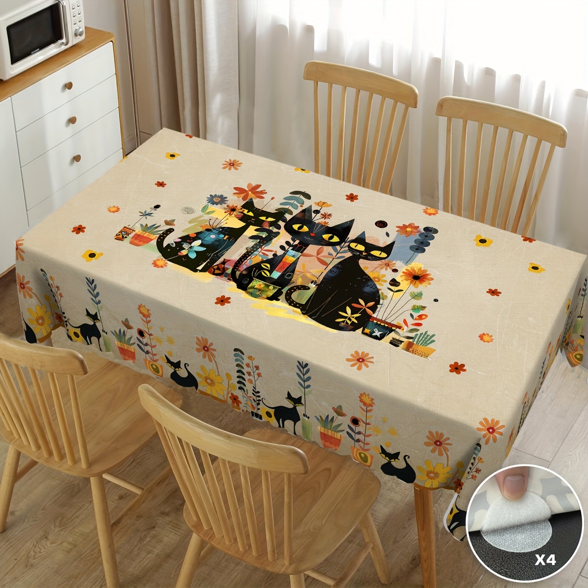 TEMU 1pc, Vintage Black Cat Tablecloth, Floral Geometric Tablecloth, Spring And Summer, Polyester Round And Rectangular Tablecloth, Decorative Home