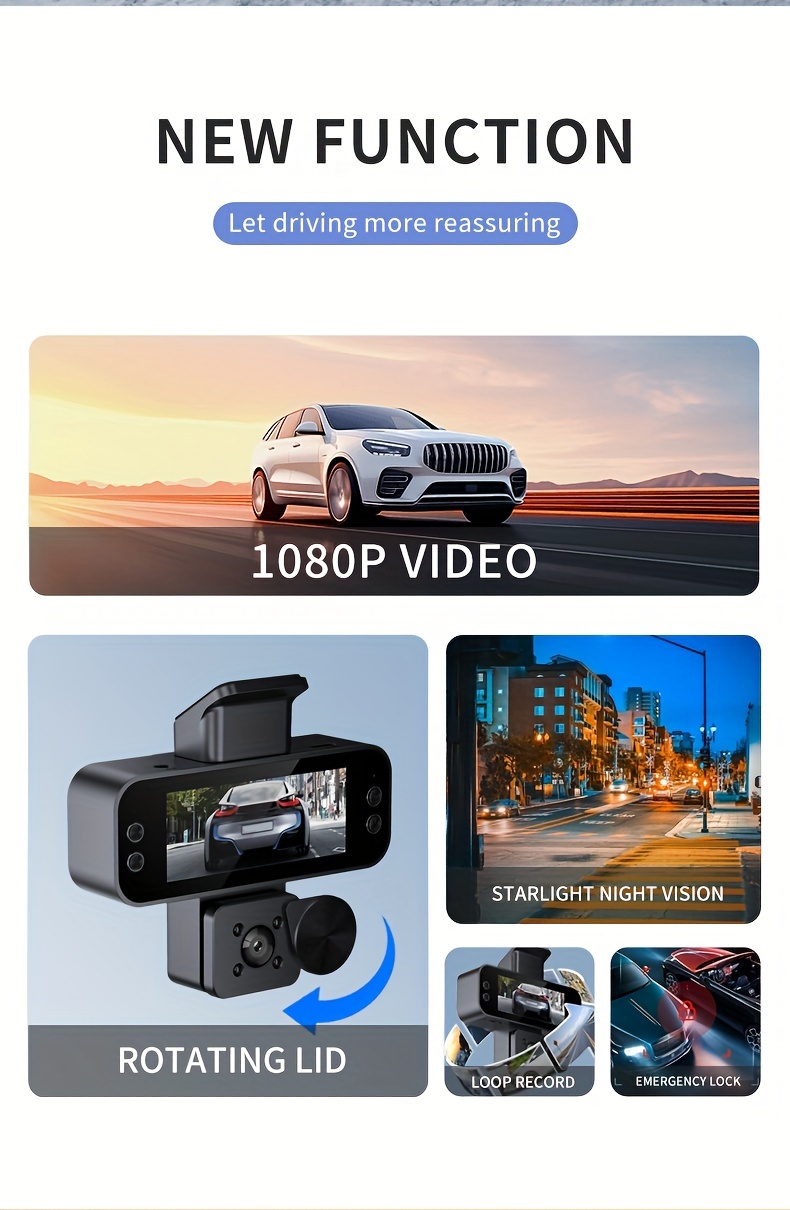   3 channel dash cam high resolution front rear car recorder with seamless loop discreet black box design for safe driving accident protection details 1