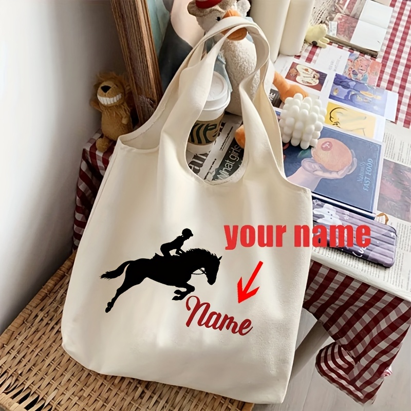 TEMU 1pc Personalized Equestrian Pattern Tote Bag Literature Shoulder Bag Illustration Girl Book Bag Travel Harajuku Handbag Gift For Her Custom Name