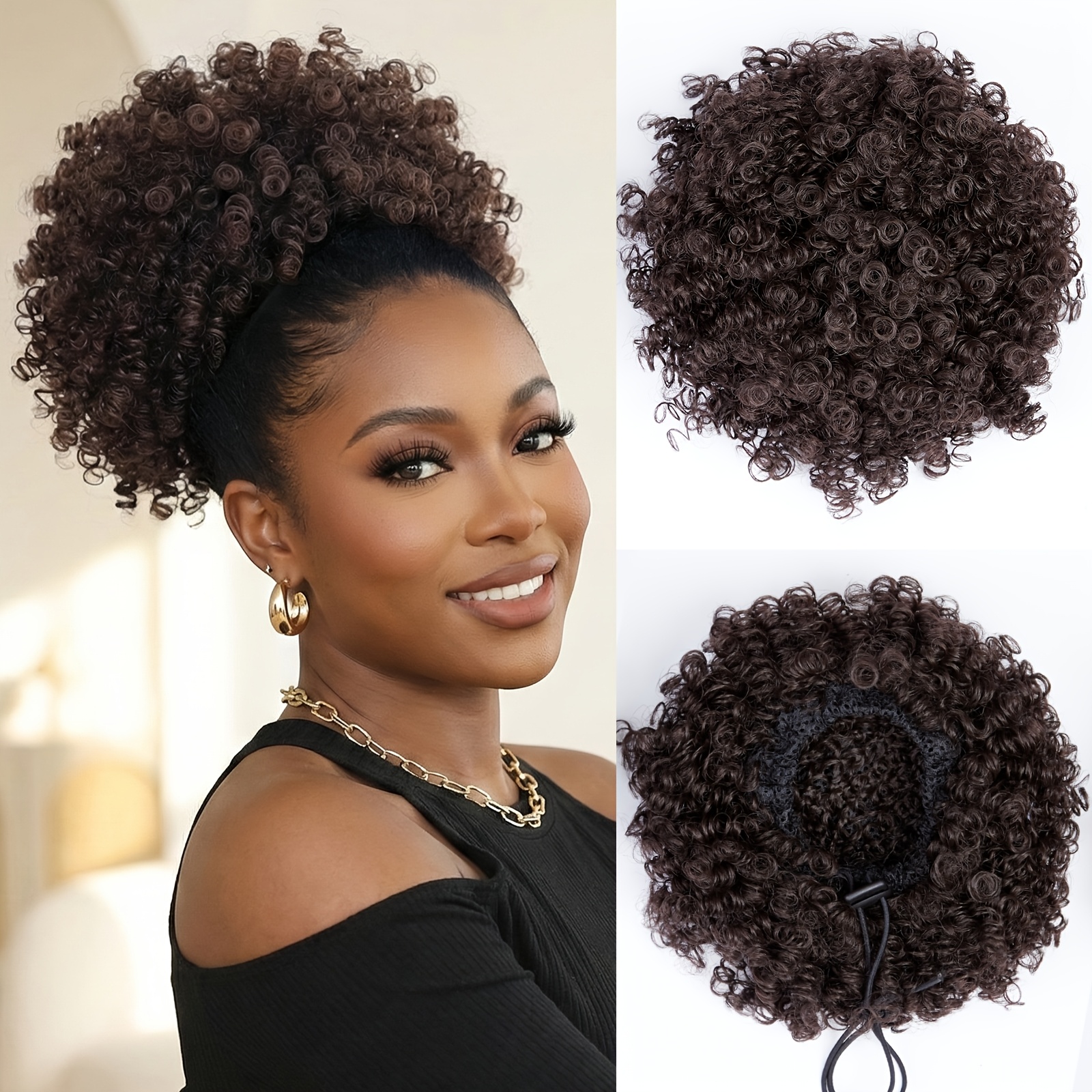 TEMU Rallonge pour à cheveux crépus bouclés marron foncé - perruque à cordon de serrage, mèche synthétique volumineuse pour coiffures relevées