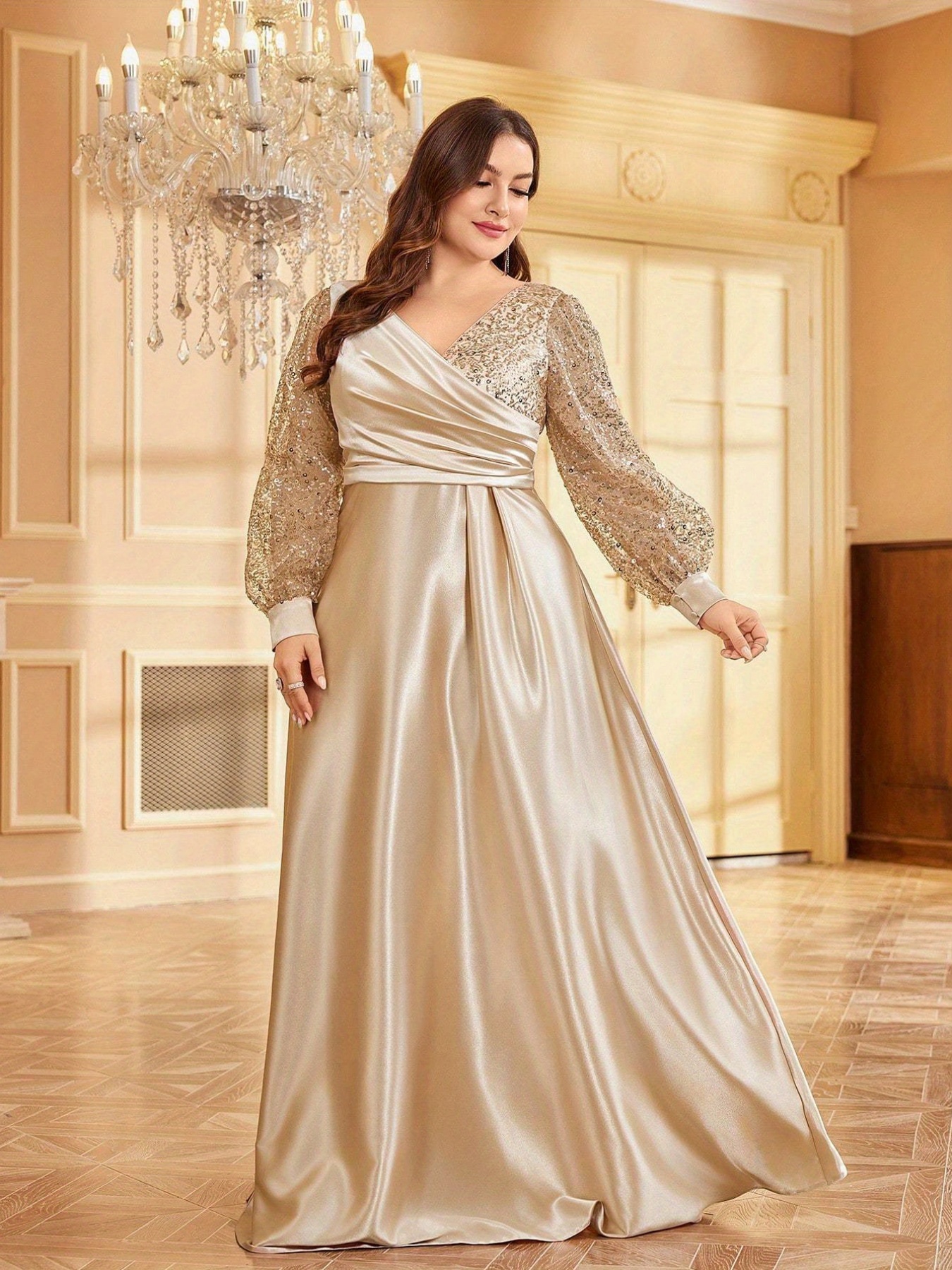 Plus Size - Plus Size - High-Quality Satin Sequined V-Neck A-Line Flared  Sleeve Solid Color Women'S Evening Gown