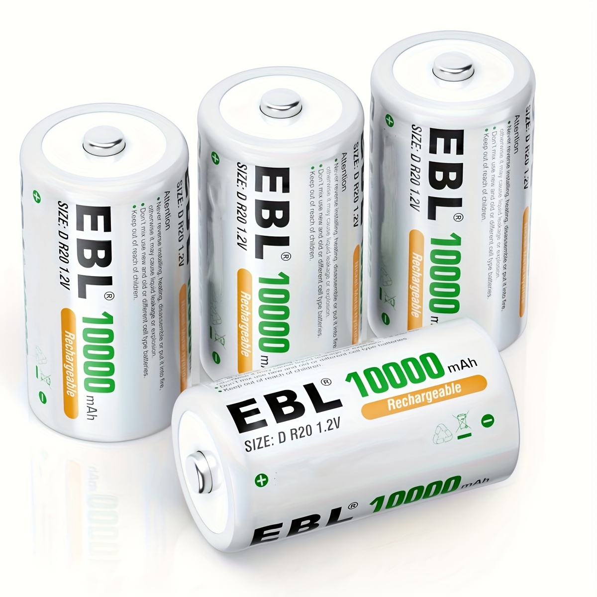 TEMU Ebl 4pack 10000 Mah Ni- R20 1.2v Batteries, Rechargeable D Cell Ni-mh Batteries With A Storage Box, Suitable For Gas Stoves, Electric Toy Cars,