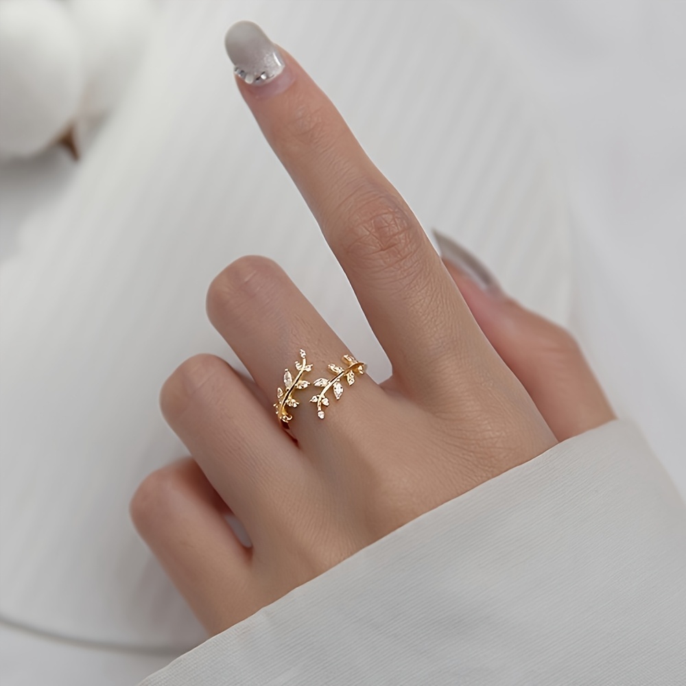 Golden Tone Leaf Ring Geometric Openwork with CZ