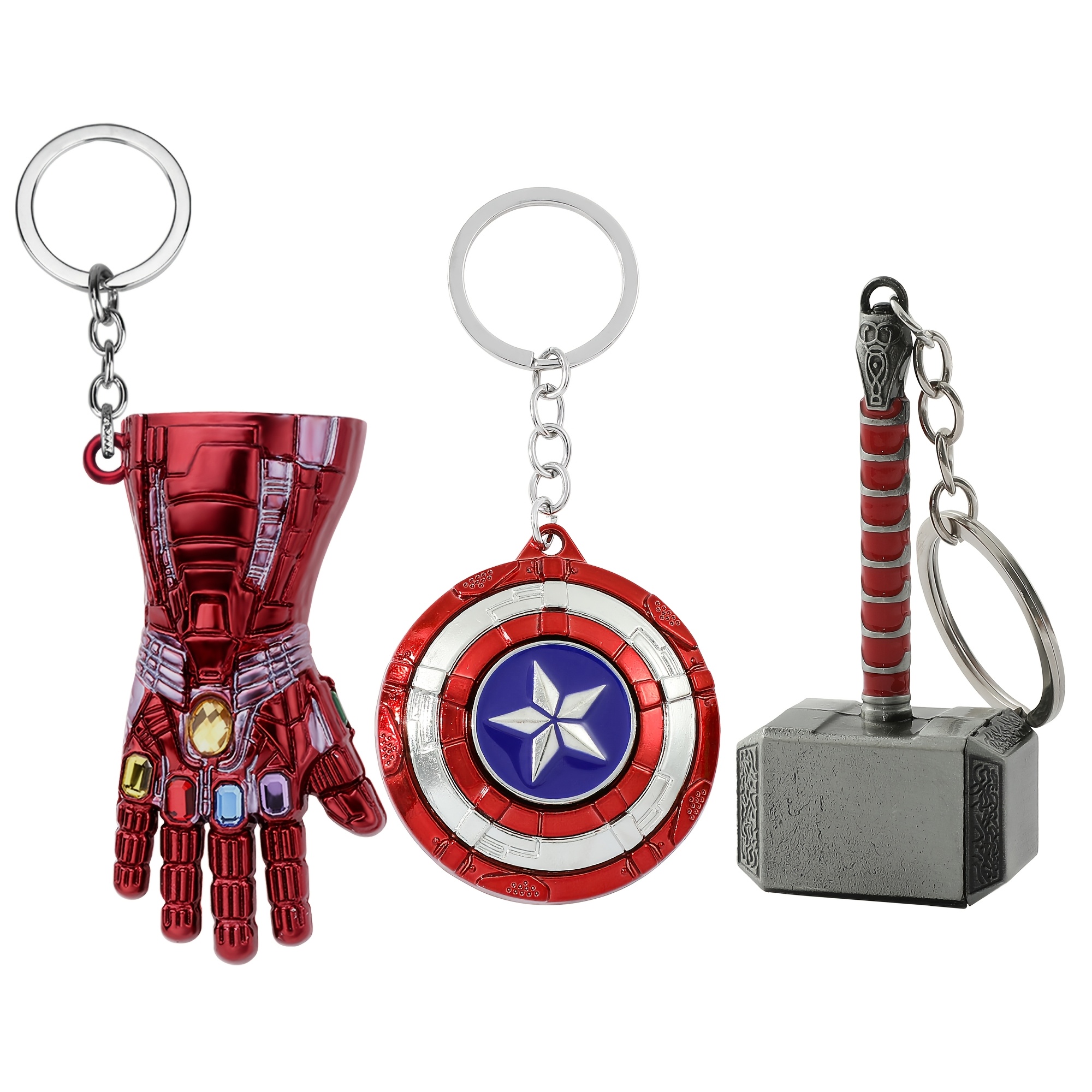 TEMU 3pcs Avengers Metal Keychain Set - Thanos /captain America Shield/thor Hammer, Superhero Key Rings For Car, Gift For Fans