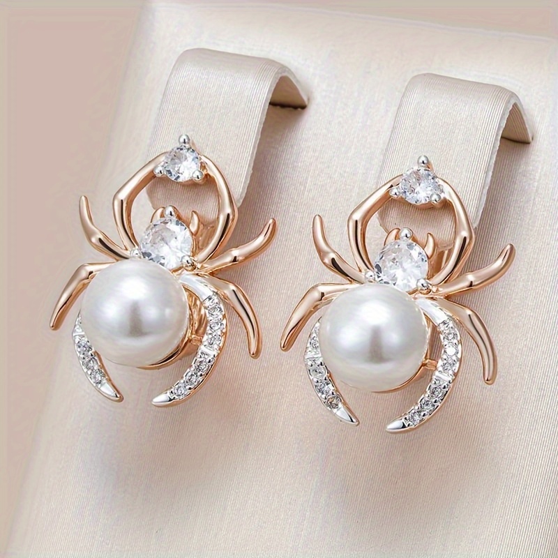 

Vintage Cute Spider-shaped Faux Pearl Hoop Earrings With Zirconia Accents, Copper Material, Nickel-free Plating - Fashionable Jewelry For Gifts, Parties, And Anniversaries