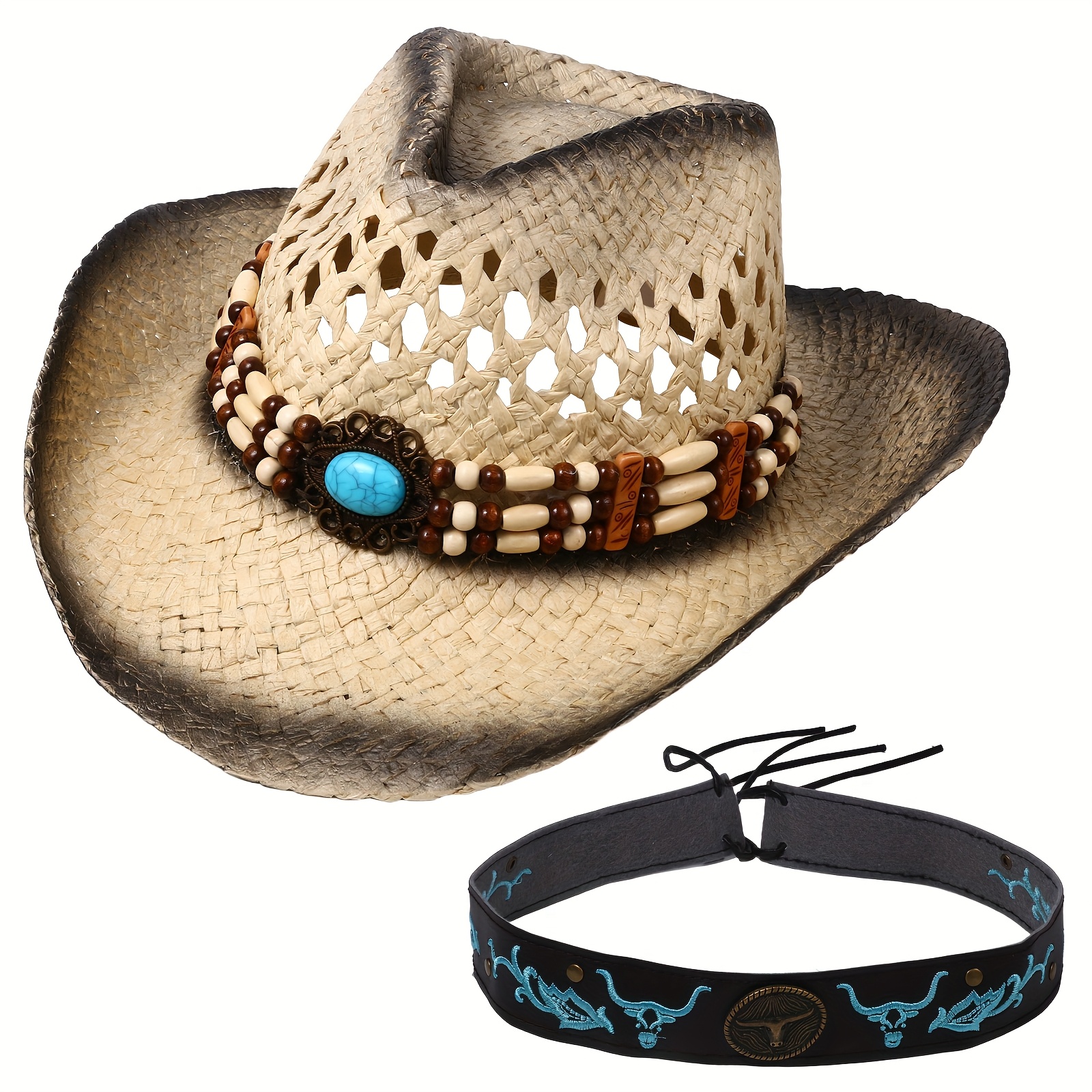 Image of Unisex Straw Sun Hat: Color Gradient Cowboy Sun Hat - Breathable And Stylish With 2 Decorative Bands, Perfect For Outdoor Activities