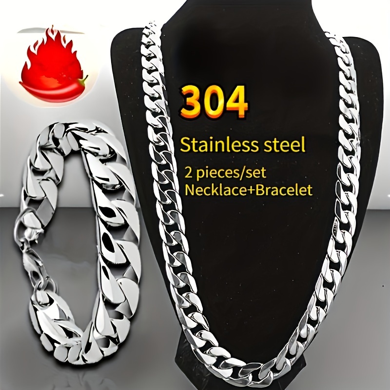 

2pcs Necklace Plus Bracelet Punk Style Jewelry Set Trendy Cuban Chain Design Made Of Stainless Steel Suitable For Men And Women Match Daily Outfits Party Accessories
