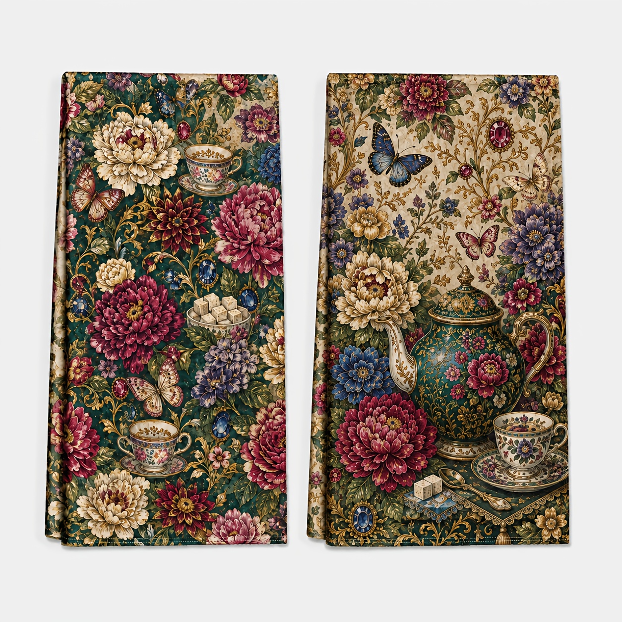 TEMU 2pcs Set, Retro Dark Green Peony Teapot Print Kitchen Cleaning Cloth, Comfortable Skin-friendly Gentle Durable Easy To Clean Quick Drying,