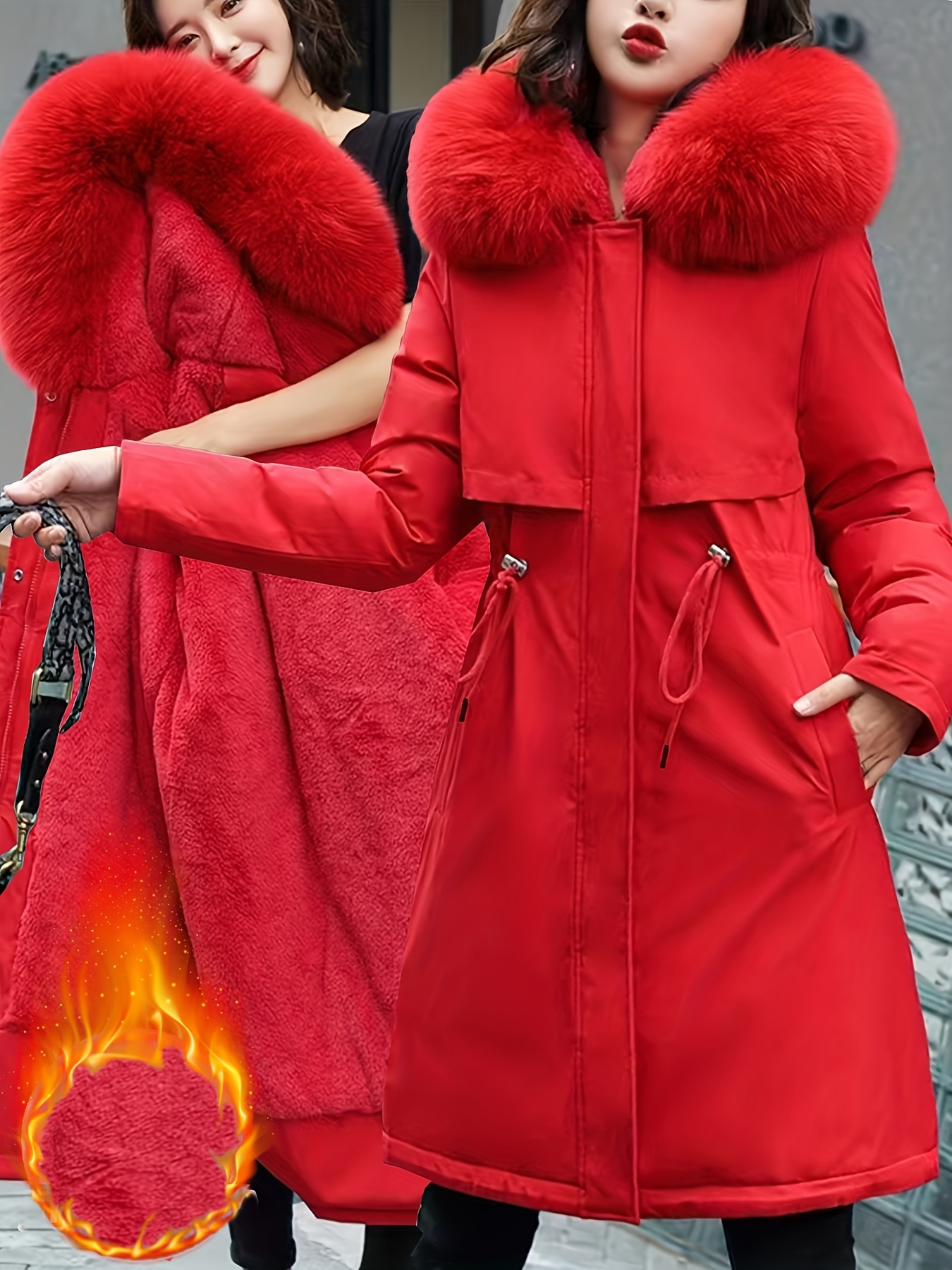 Women'S Cozy Fleece-Lined Parka with Hood *-Length Winter Jacket, Black  Drawstring Waist, Thick Insulation for Cold Weather, Winter