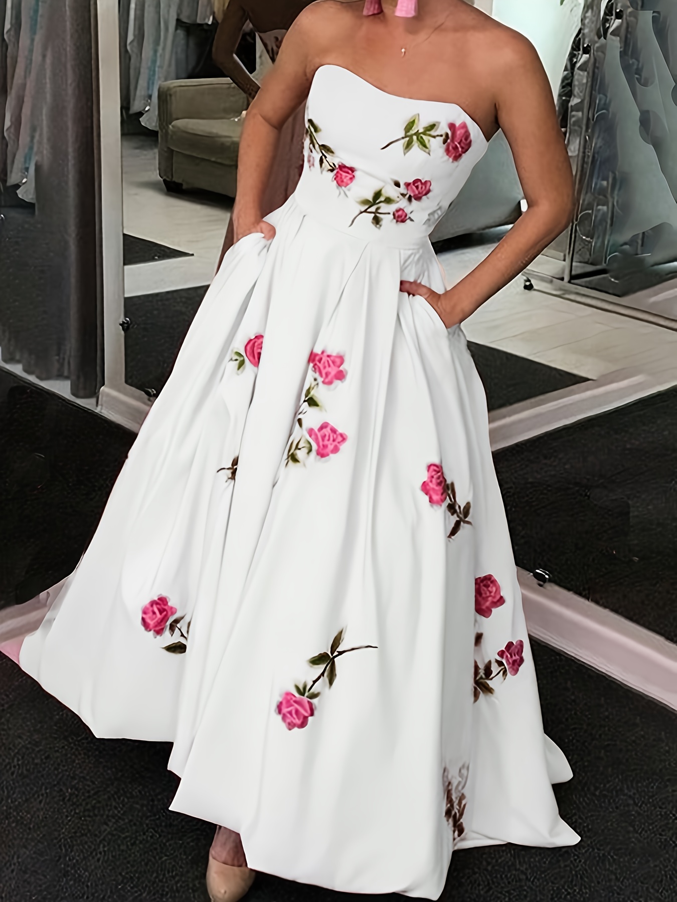Women'S Summer Elegant A-Line * Print Strapless Dress, Knee Length