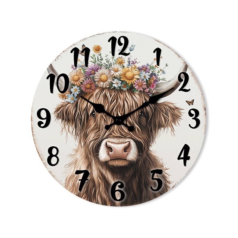 TEMU 1pc Of A Silent Wall Clock That Tick, Featuring A Decorative Of A Highland Cow With A Floral Crown, Suitable For A Foyer, Kitchen, Home Office,
