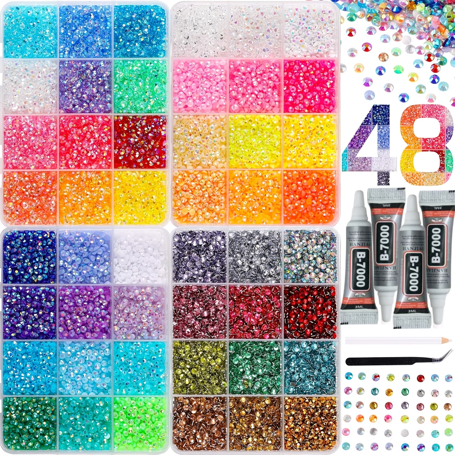 35000pcs Of 4-pox Nail Resin Flat Artificial Gemstones,   with 3 B7000  , Tweezers, And Pick Up Pens, Suitable for Clothing, Shoes, Nail Art, Books, Paintings, And Embellishments