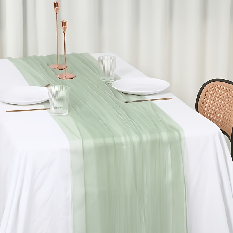TEMU 1pc Green Yarn Table Runner, 300 X 75cm, Solid Color Polyester Table Decor, Rustic Wedding Party Decoration, Happy Birthday Party Supplies, Baby