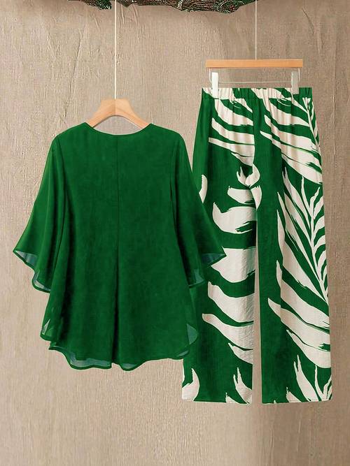 item picture targeted development european and american womens fashion new arrival hot item round neck chiffon top with leaf print and long pants set