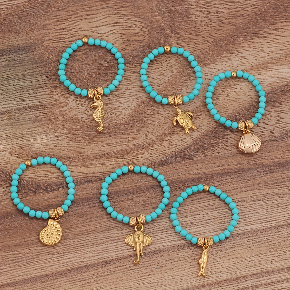 Ocean Style Beaded Ring - Adjustable Turquoise Stone Ring with Charms
