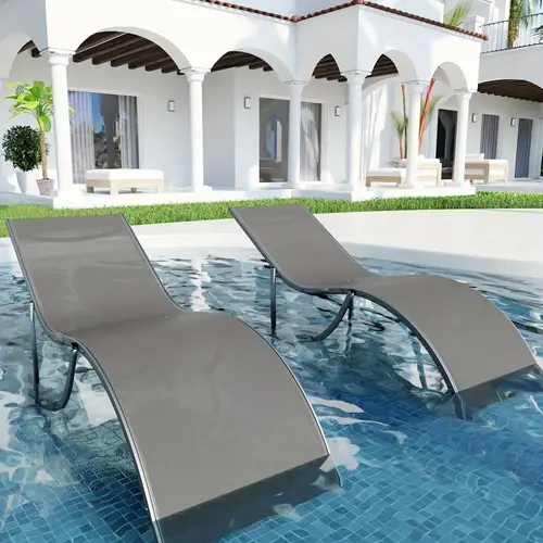 outdoor chaise lounge set of 2 patio poolside sunbathing chairs weather adjustable reclining chairs for deck garden backyard balcony heavy duty comfortable tanning loungers grey