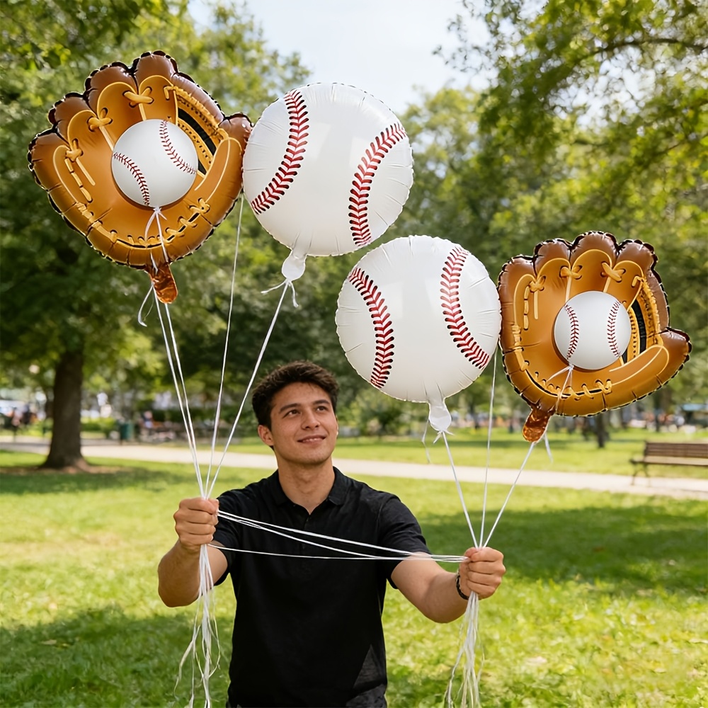 TEMU A 4pcs Set Including A White Baseball, A Brown Glove, And A Foil Balloon. Suitable For Birthdays, Weddings, Anniversary Celebrations, As Well As