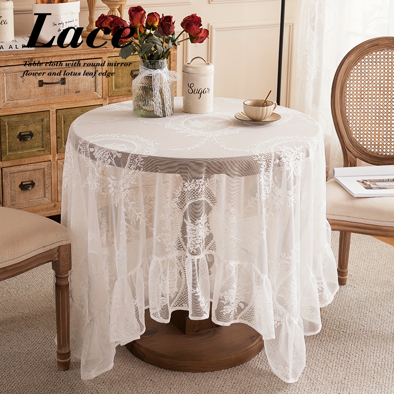 

Elegant Floral Embroidered Lace Tablecloth - White/green, Pleated Edges, Cotton-linen Blend, Perfect For Dining & Special Occasions