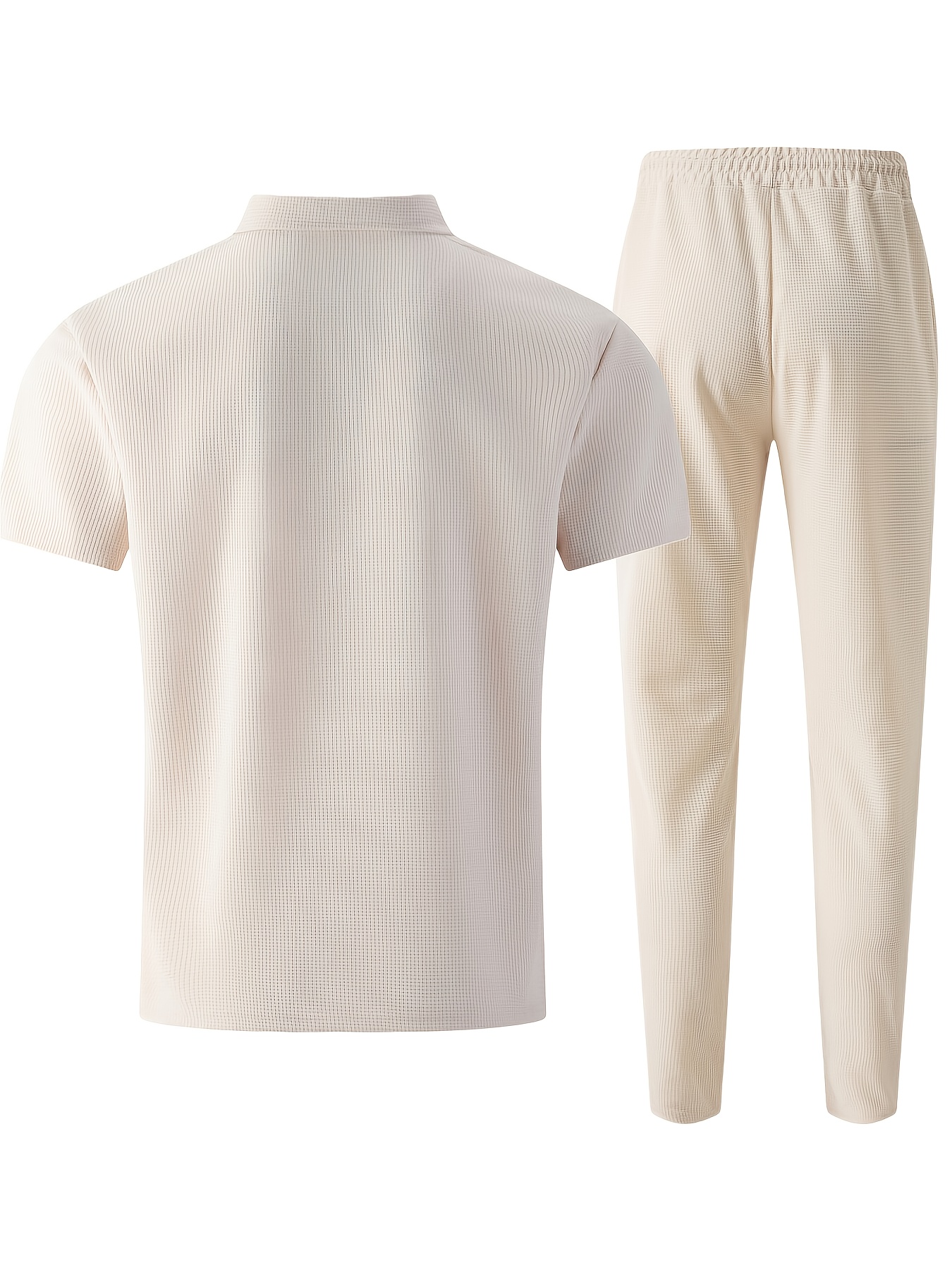Men's Waffle Knit Casual Double-Pocket Short-Sleeve Shirt with Athletic Long Pants Set
