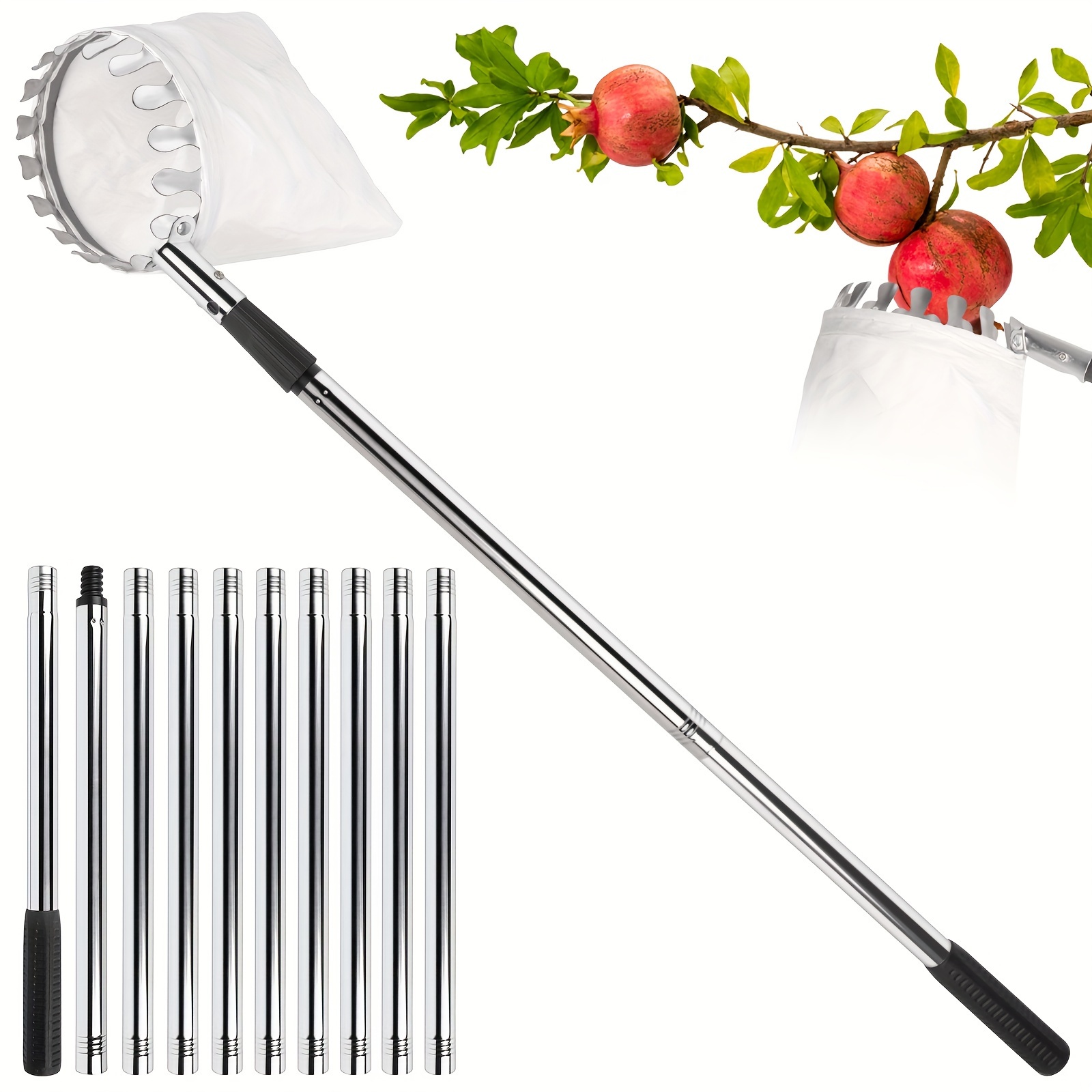 

14ft Picker With Telescopic Handle, Fruit Picker, Fruit Picker Tool With Lightweight Stainless Steel Connecting Pole And Fabric Bag, Tree Picker For Orange, , Peach