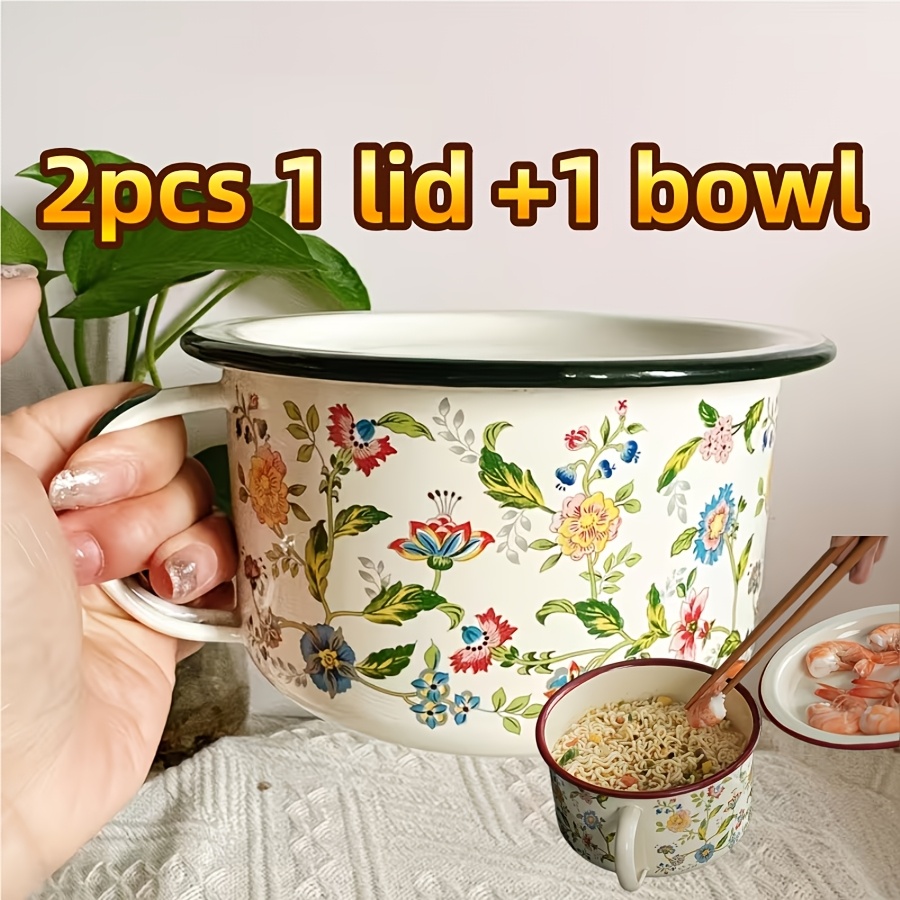 TEMU 1 Vintage Bowl With Lid - Thick Colorful Floral Pattern, Round Kitchen And Dining Bowls, Suitable For Soup, Rice, Noodles, Etc. - For Outdoor